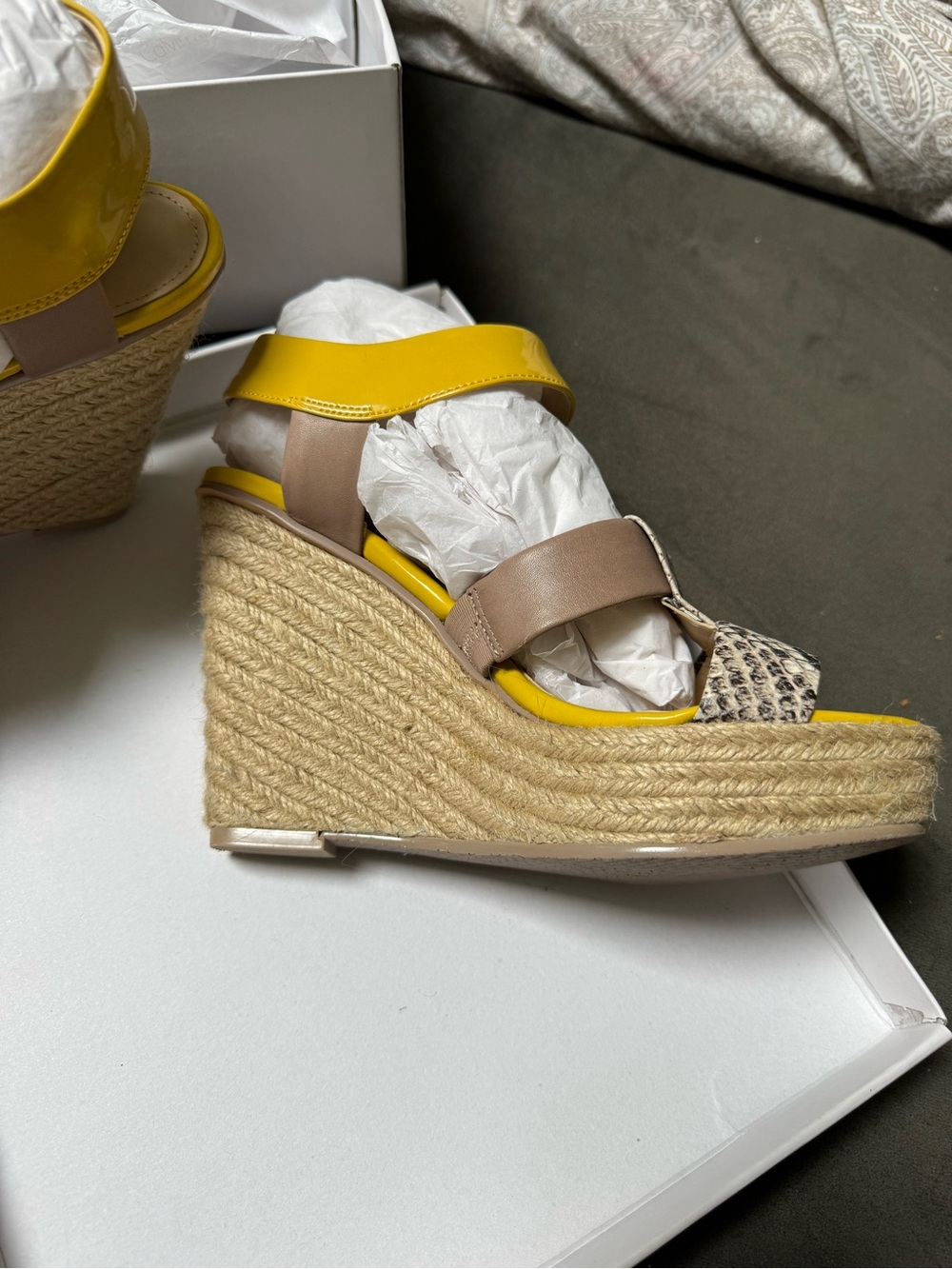 Calvin Klein Yellow Espadrille Wedge Sandals with Neutral Straps